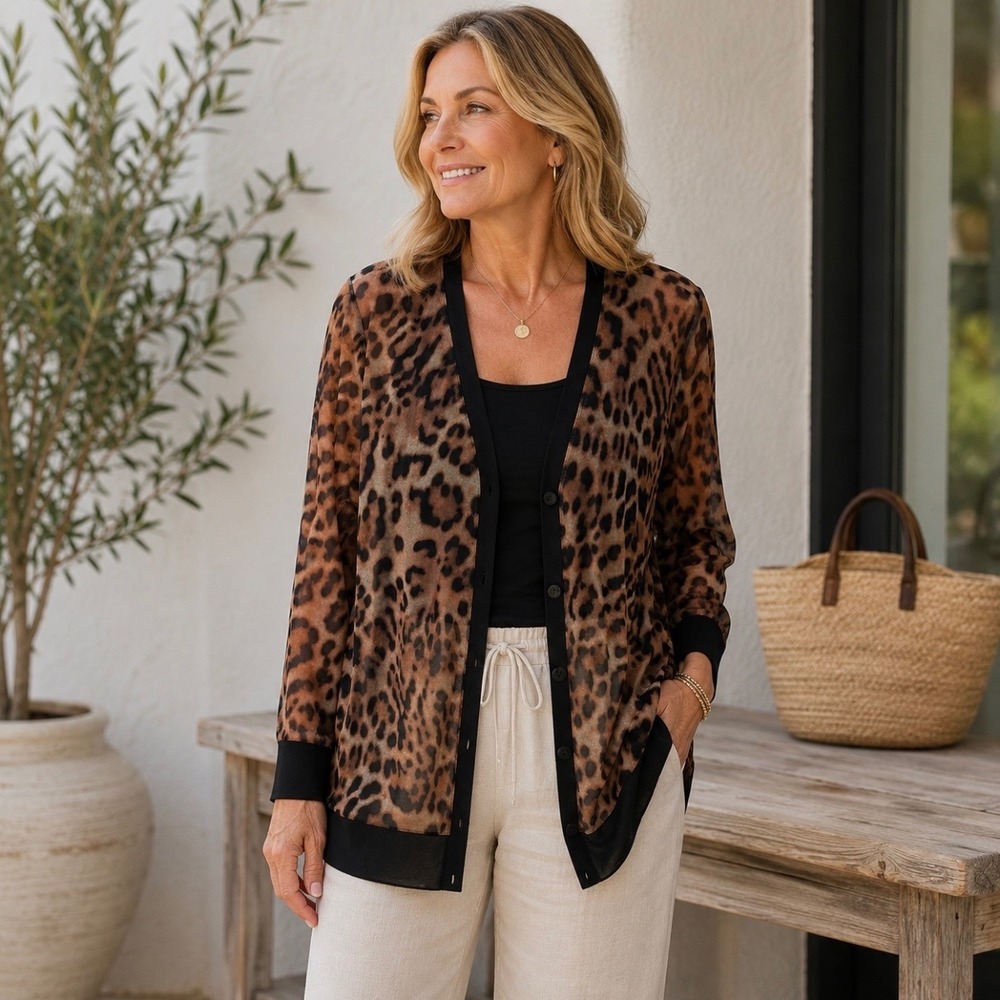 Chico's Leopard Mesh Button Front Sheer‎ Cardigan L 2 Career Lightweight Stretch